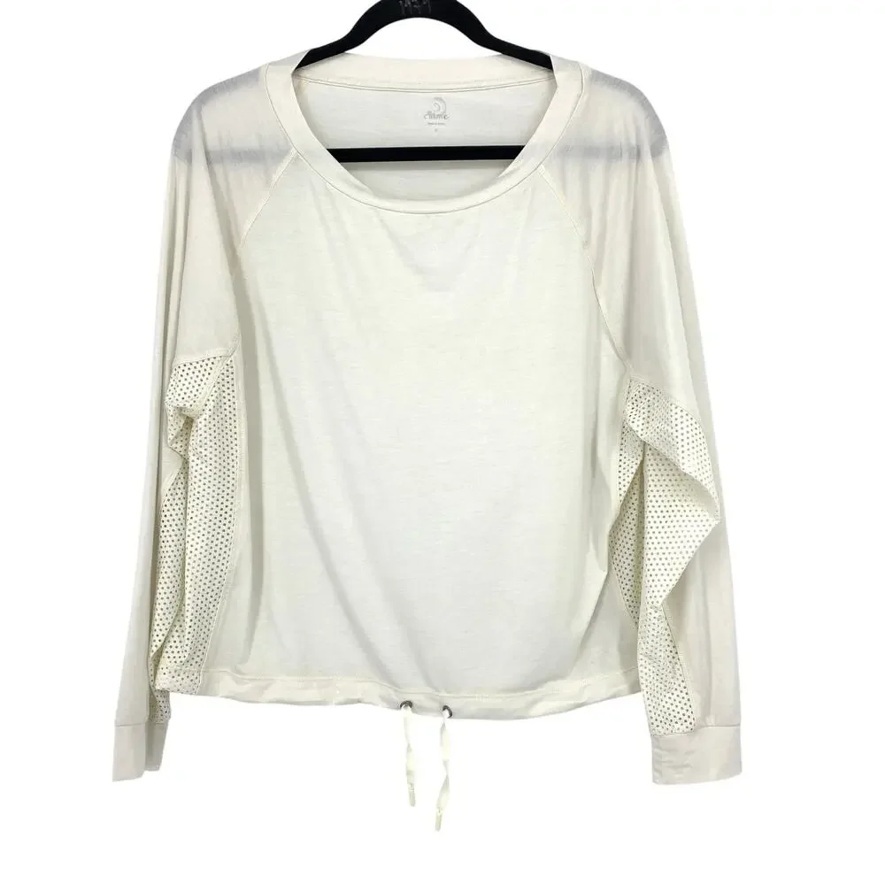 Calme By Johnny Was Top Womens Size Small Cream Scoop Neck Cinched Waist Hem